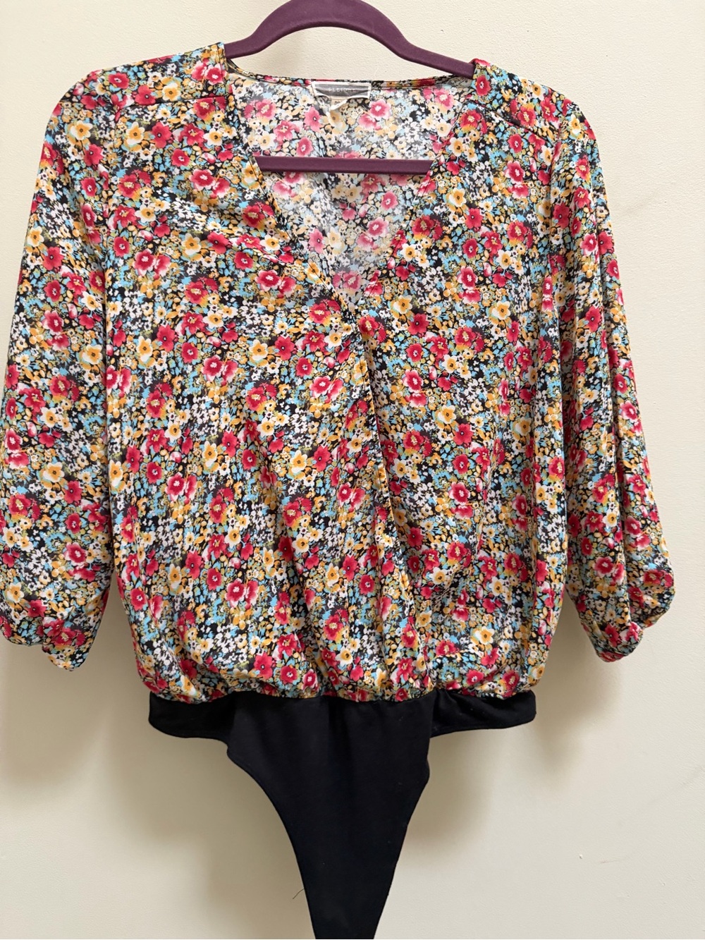 Blank NYC Floral Print Bodysuit Top - Red, Yellow, Blue, Black